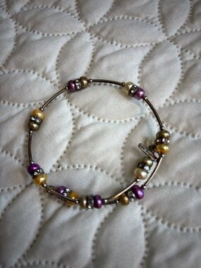 Vantel Pearls Purple and Gold Freshwater Pearls and Silver Tone Bracelet